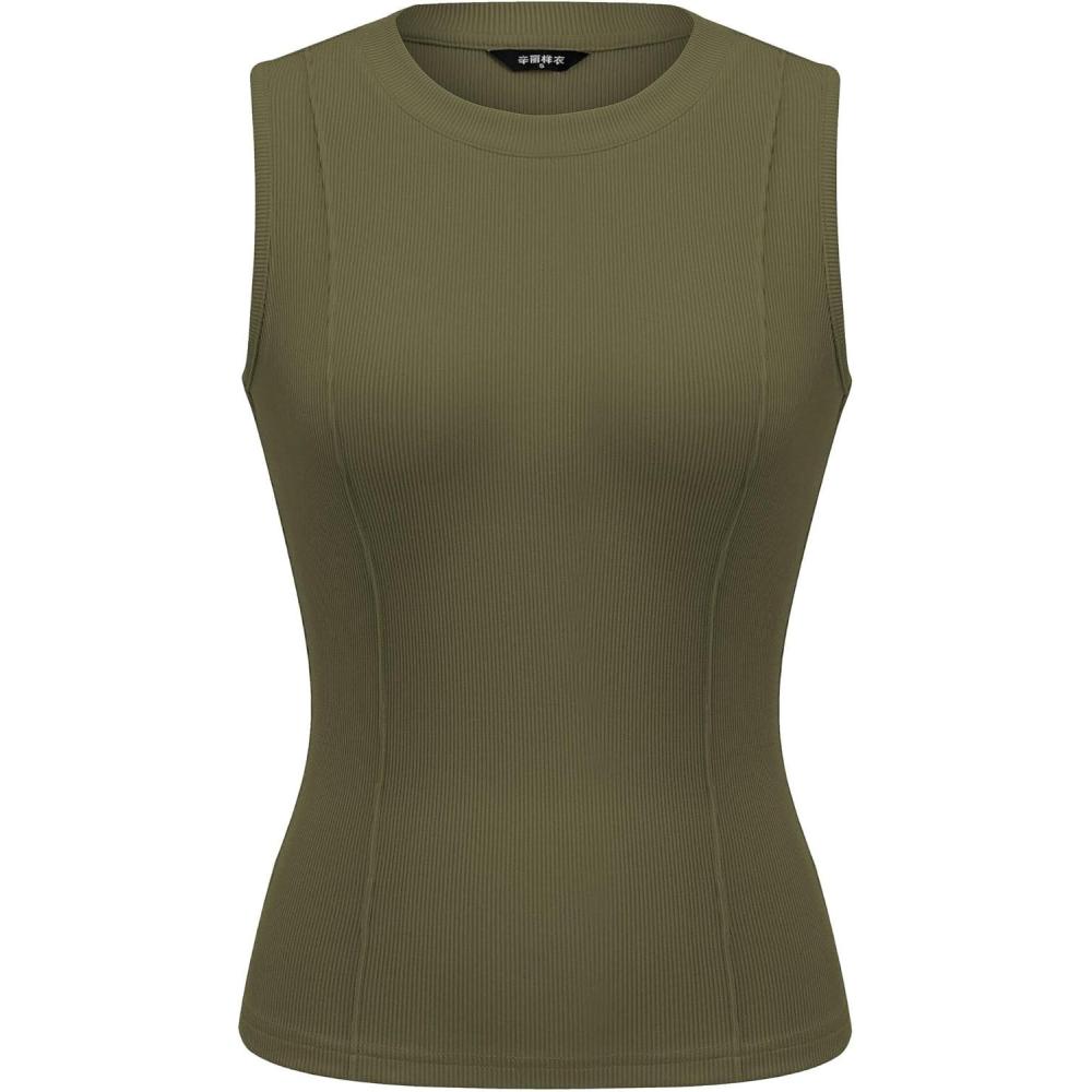 imagePRETTYGARDEN Sleeveless Tops for Women 2026 Summer Ribbed Tank Top Fitted Shirts Basic Tees Cute Spring Going Out Y2k ClothesArmy Green