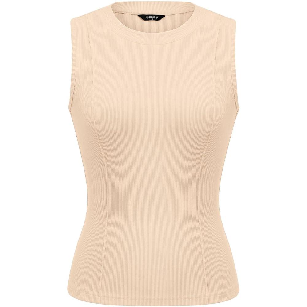 imagePRETTYGARDEN Sleeveless Tops for Women 2026 Summer Ribbed Tank Top Fitted Shirts Basic Tees Cute Spring Going Out Y2k ClothesBeige