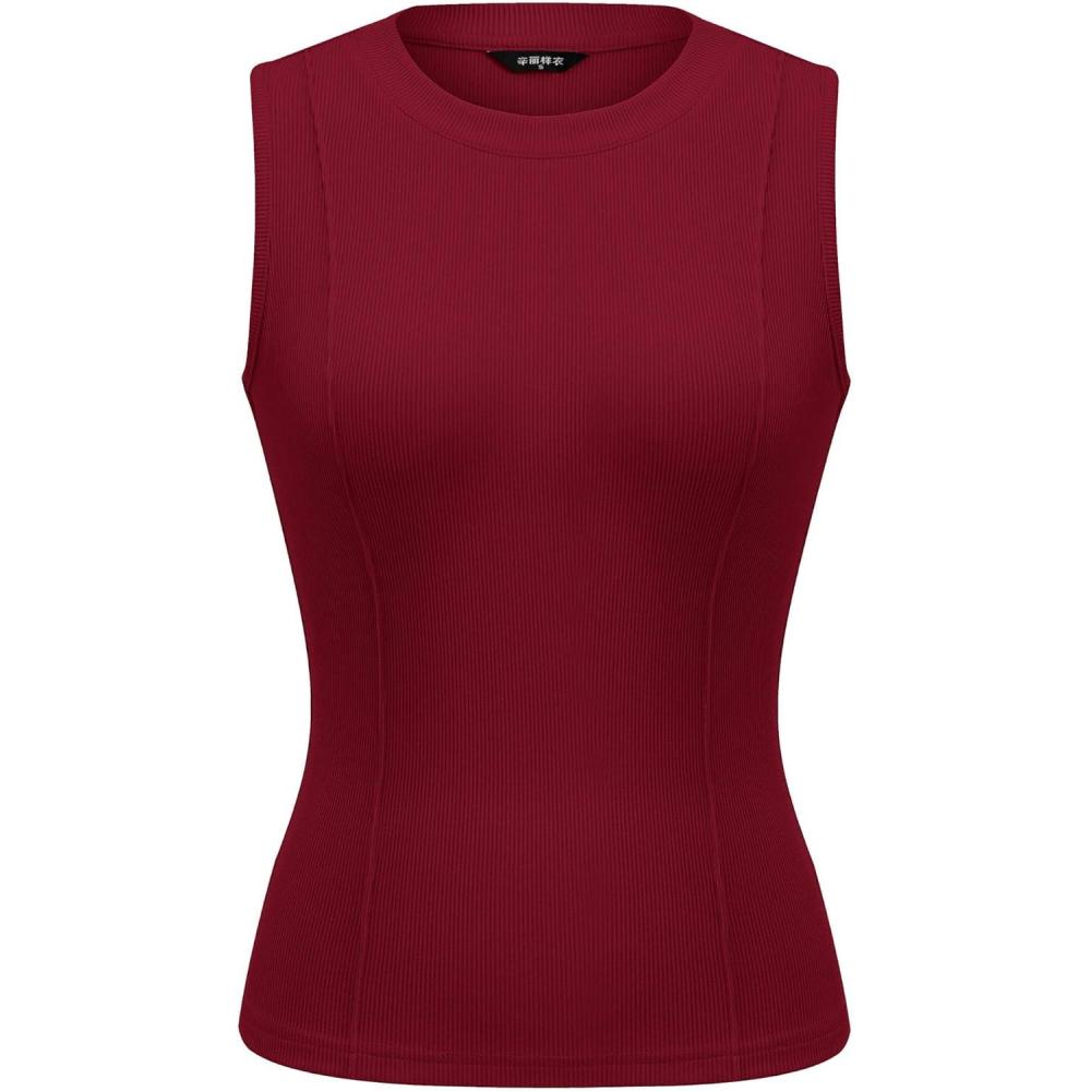 imagePRETTYGARDEN Sleeveless Tops for Women 2026 Summer Ribbed Tank Top Fitted Shirts Basic Tees Cute Spring Going Out Y2k ClothesBurgundy