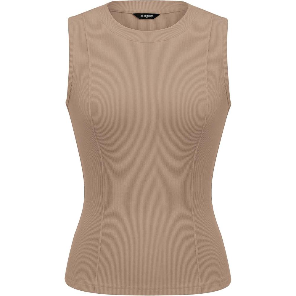 imagePRETTYGARDEN Sleeveless Tops for Women 2026 Summer Ribbed Tank Top Fitted Shirts Basic Tees Cute Spring Going Out Y2k ClothesKhaki