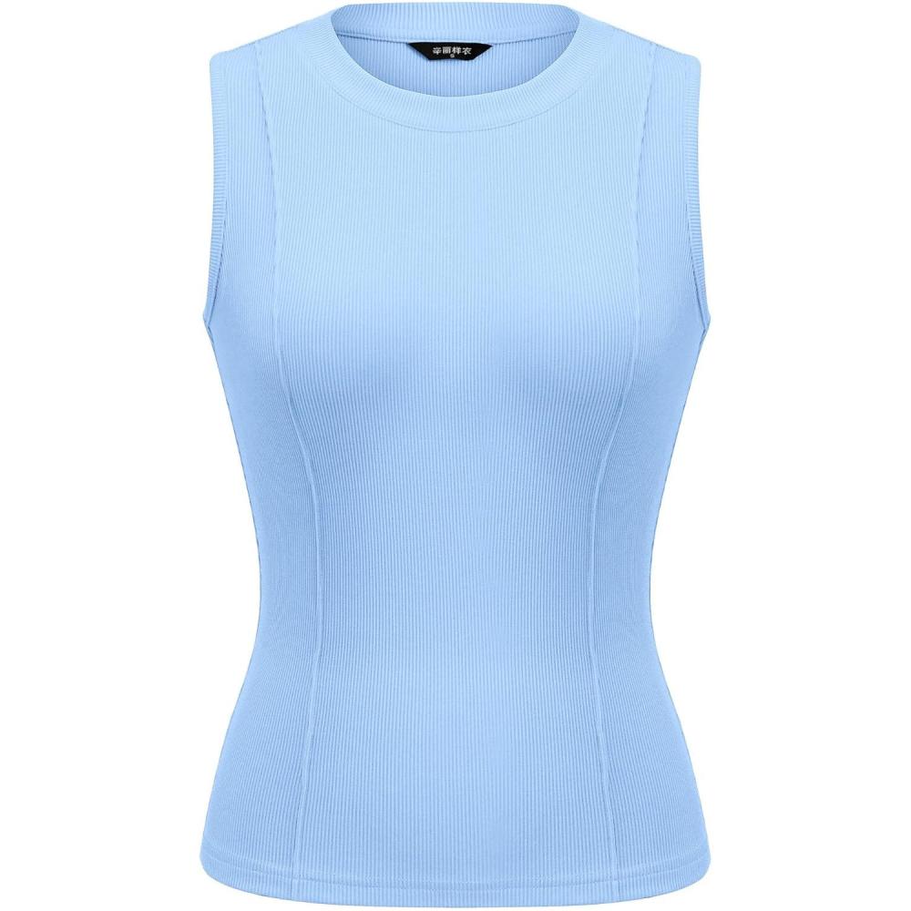 imagePRETTYGARDEN Sleeveless Tops for Women 2026 Summer Ribbed Tank Top Fitted Shirts Basic Tees Cute Spring Going Out Y2k ClothesLight Blue