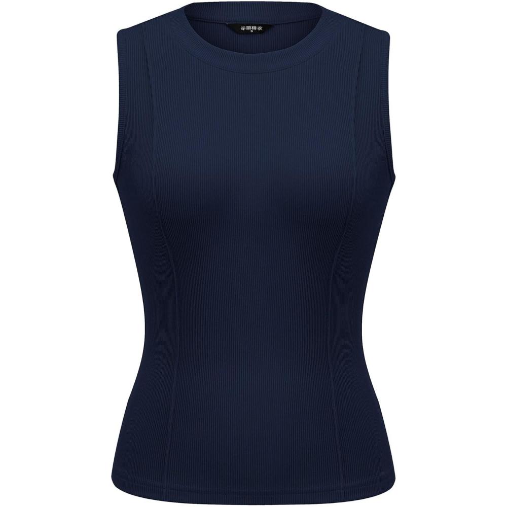 imagePRETTYGARDEN Sleeveless Tops for Women 2026 Summer Ribbed Tank Top Fitted Shirts Basic Tees Cute Spring Going Out Y2k ClothesNavy