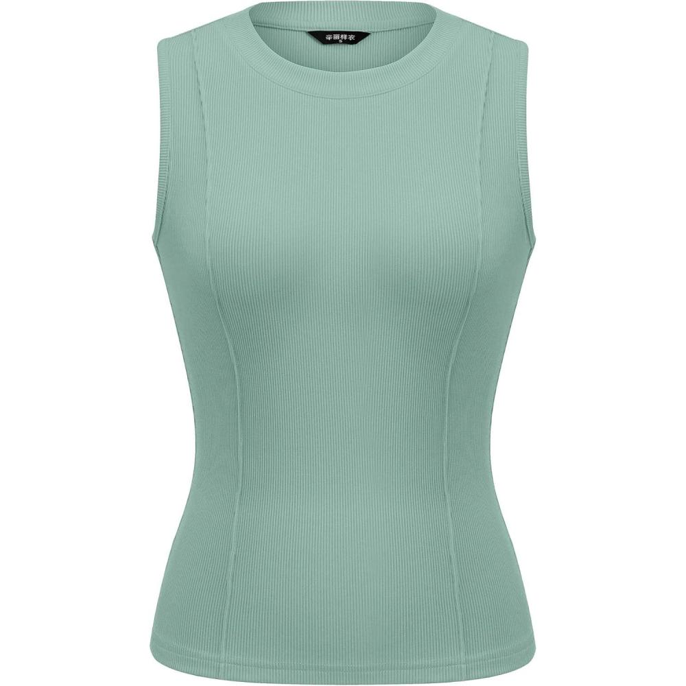 imagePRETTYGARDEN Sleeveless Tops for Women 2026 Summer Ribbed Tank Top Fitted Shirts Basic Tees Cute Spring Going Out Y2k ClothesSage Green