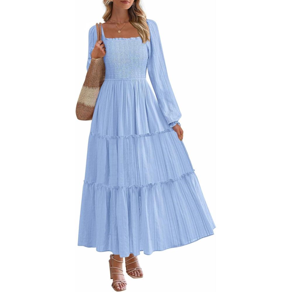 imagePRETTYGARDEN Spring Dresses for Women 2026 Casual Long Sleeve Smocked Ruffle Flowy Elegant Wedding Guest Maxi Dress PocketsLight Blue