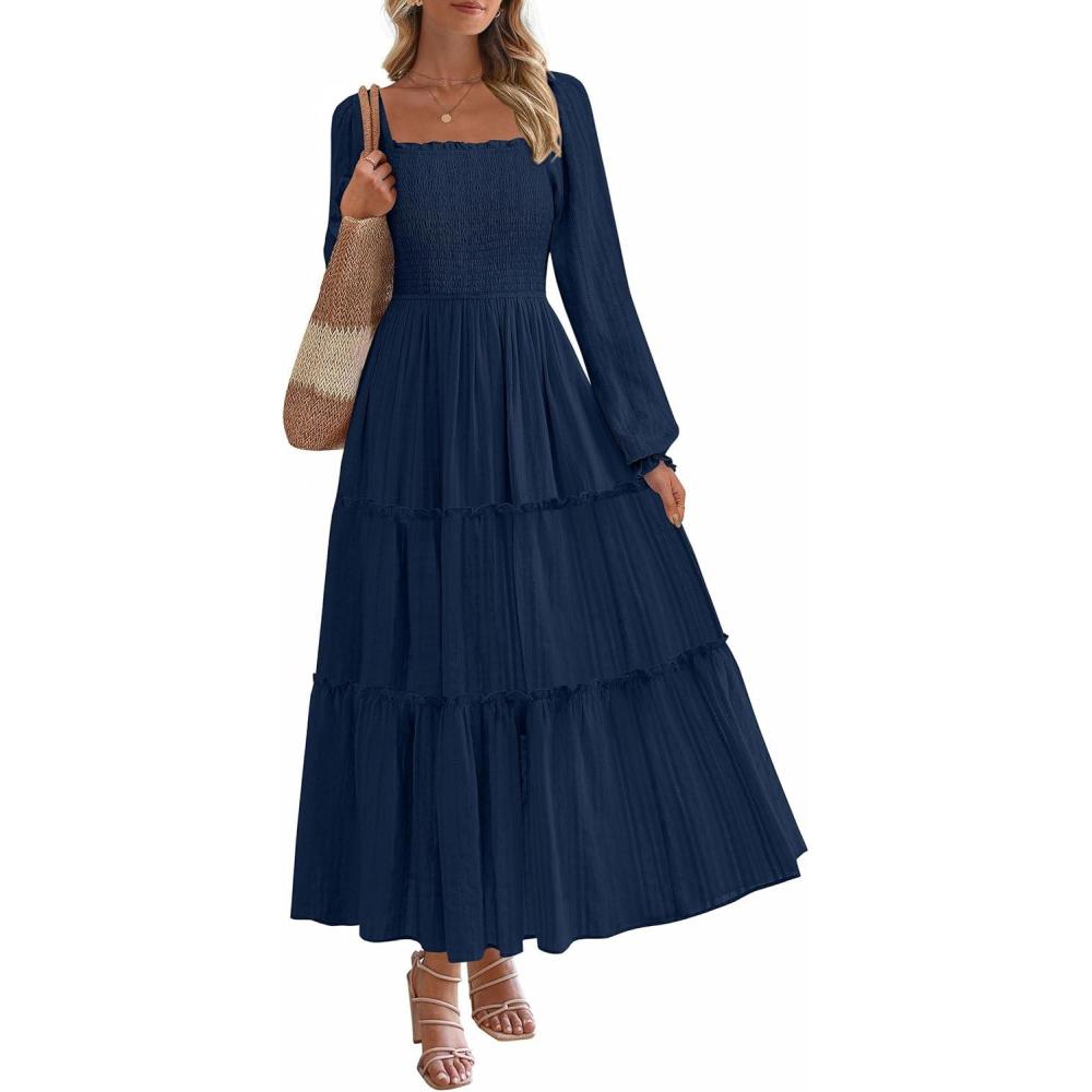 imagePRETTYGARDEN Spring Dresses for Women 2026 Casual Long Sleeve Smocked Ruffle Flowy Elegant Wedding Guest Maxi Dress PocketsNavy Blue