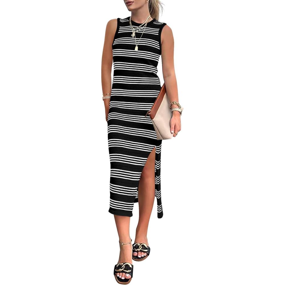 imagePRETTYGARDEN Summer Dresses for Women 2026 Casual Sleeveless Hollow Out Knit Side Slit Striped Beach Vacation Midi DressBlack