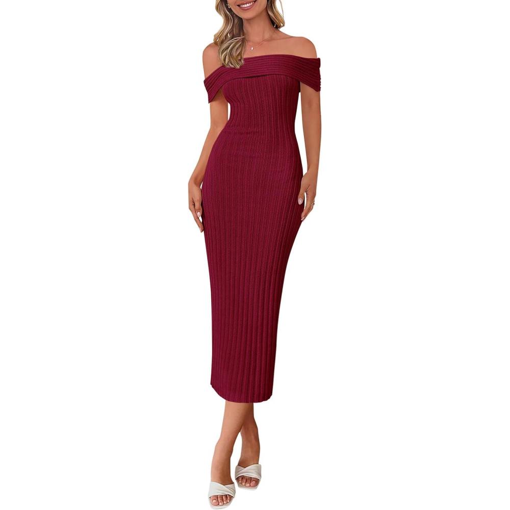 imagePRETTYGARDEN Summer Dresses for Women Formal Off The Shoulder Midi Bodycon Ribbed Knit Spring Wedding Guest DressWine Red