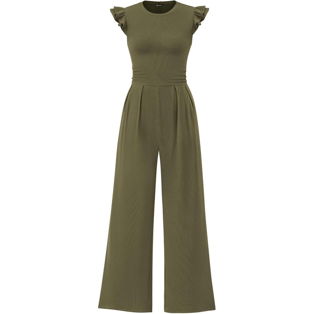 imagePRETTYGARDEN Summer Jumpsuits for Women Dressy 2026 Fashion Ruffle Cap Sleeve Romper Crew Neck Rib Knit One Piece OutfitsArmy Green