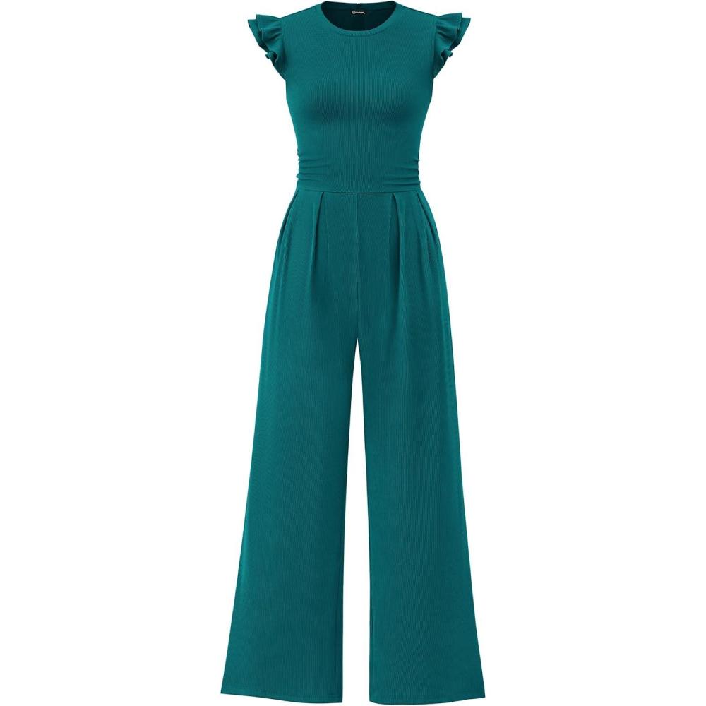 imagePRETTYGARDEN Summer Jumpsuits for Women Dressy 2026 Fashion Ruffle Cap Sleeve Romper Crew Neck Rib Knit One Piece OutfitsBlue Green