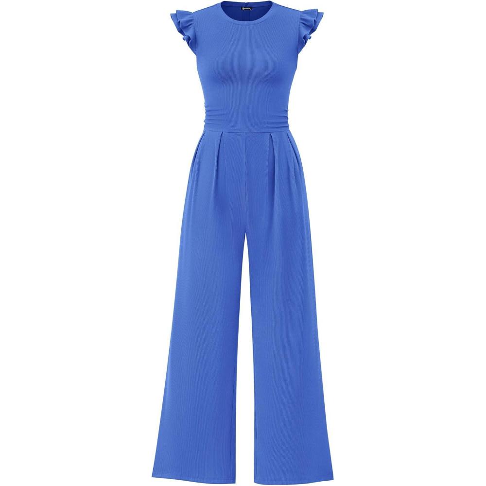 imagePRETTYGARDEN Summer Jumpsuits for Women Dressy 2026 Fashion Ruffle Cap Sleeve Romper Crew Neck Rib Knit One Piece OutfitsBrilliant Blue