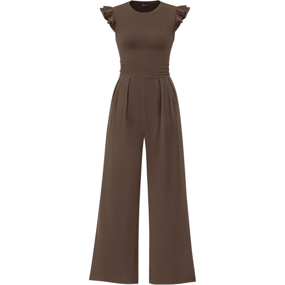 imagePRETTYGARDEN Summer Jumpsuits for Women Dressy 2026 Fashion Ruffle Cap Sleeve Romper Crew Neck Rib Knit One Piece OutfitsDark Brown