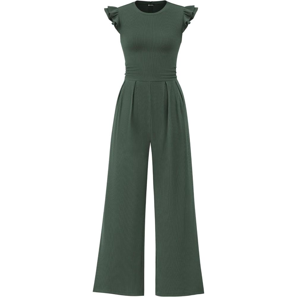 imagePRETTYGARDEN Summer Jumpsuits for Women Dressy 2026 Fashion Ruffle Cap Sleeve Romper Crew Neck Rib Knit One Piece OutfitsDark Green