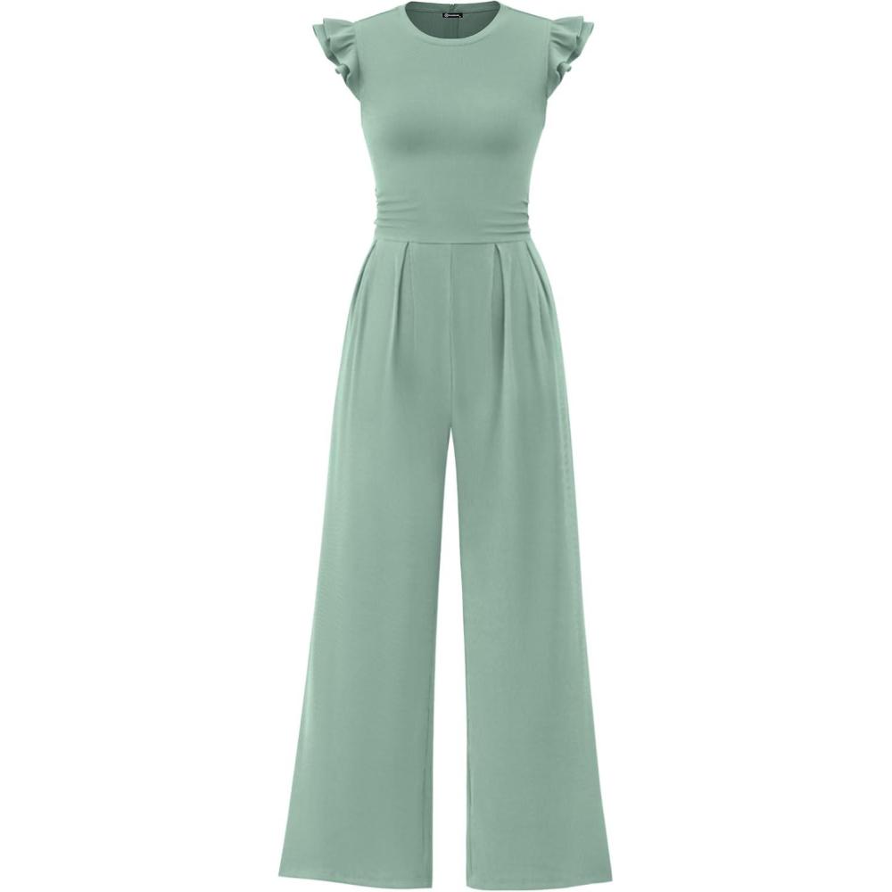 imagePRETTYGARDEN Summer Jumpsuits for Women Dressy 2026 Fashion Ruffle Cap Sleeve Romper Crew Neck Rib Knit One Piece OutfitsFruit Green