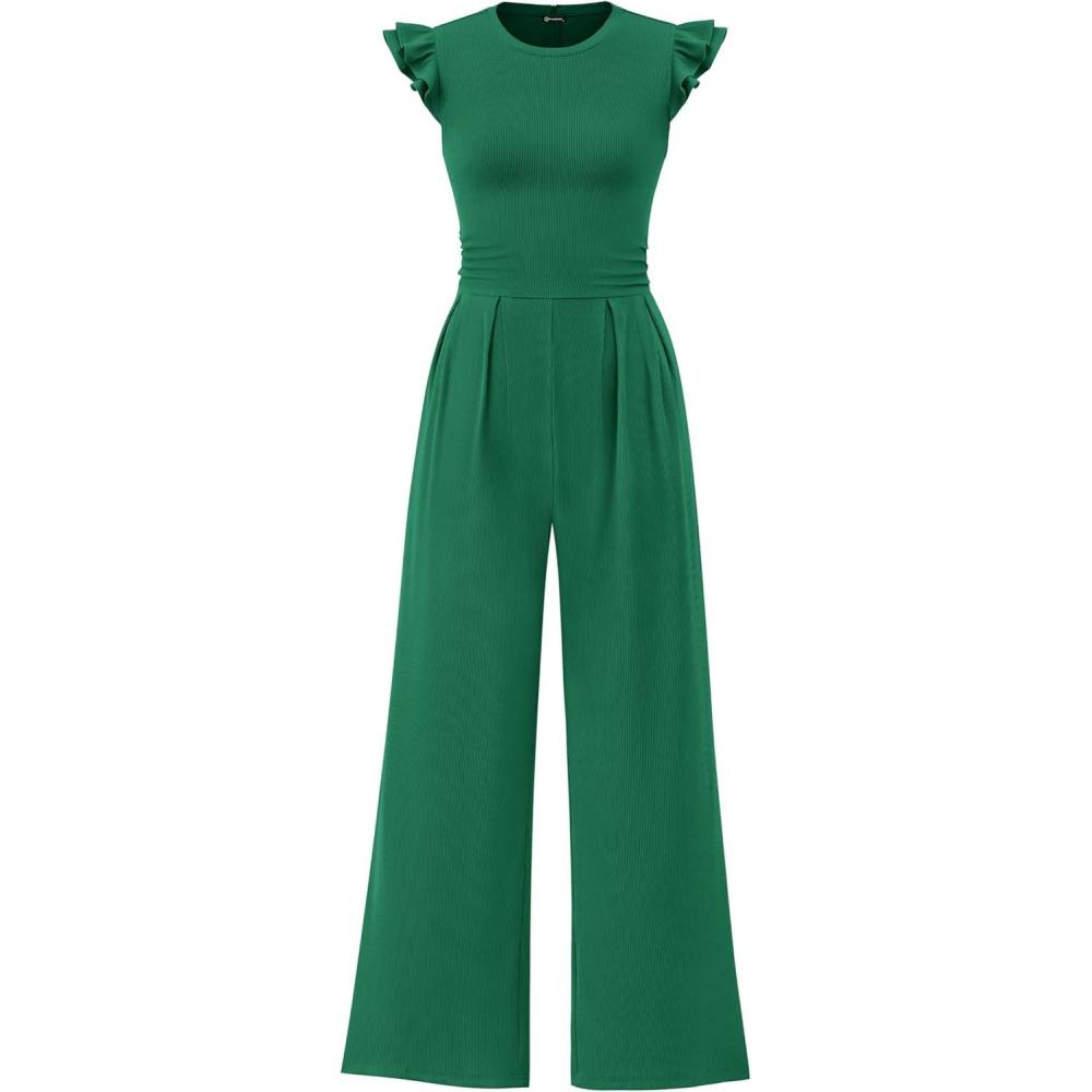 imagePRETTYGARDEN Summer Jumpsuits for Women Dressy 2026 Fashion Ruffle Cap Sleeve Romper Crew Neck Rib Knit One Piece OutfitsGreen
