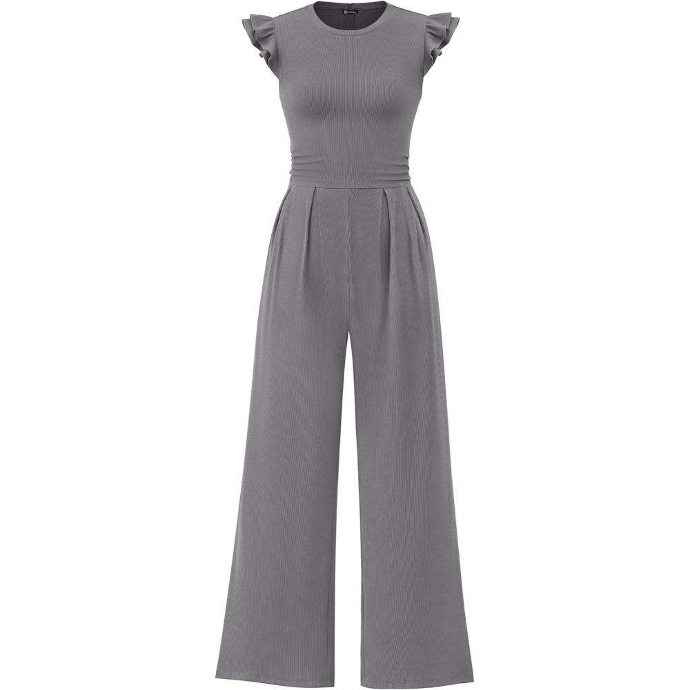 imagePRETTYGARDEN Summer Jumpsuits for Women Dressy 2026 Fashion Ruffle Cap Sleeve Romper Crew Neck Rib Knit One Piece OutfitsGrey