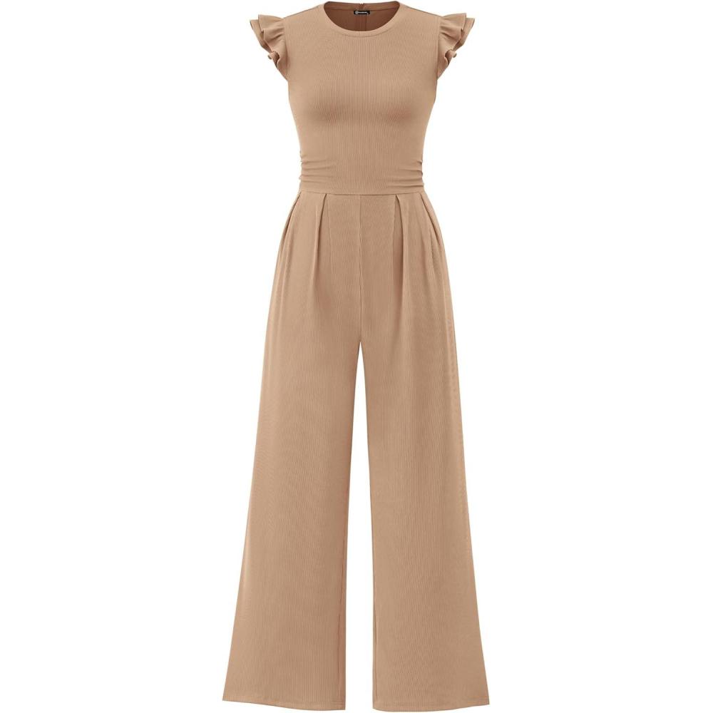 imagePRETTYGARDEN Summer Jumpsuits for Women Dressy 2026 Fashion Ruffle Cap Sleeve Romper Crew Neck Rib Knit One Piece OutfitsKhaki