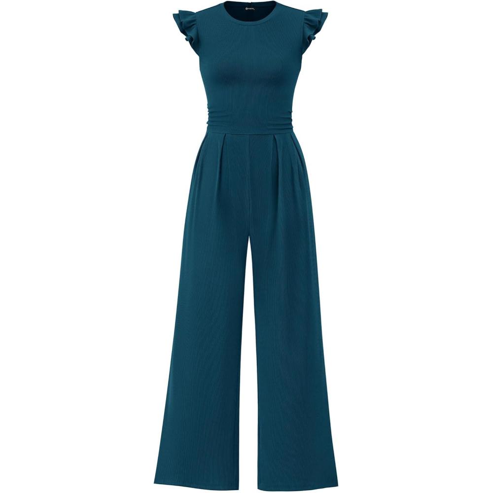 imagePRETTYGARDEN Summer Jumpsuits for Women Dressy 2026 Fashion Ruffle Cap Sleeve Romper Crew Neck Rib Knit One Piece OutfitsLake Blue