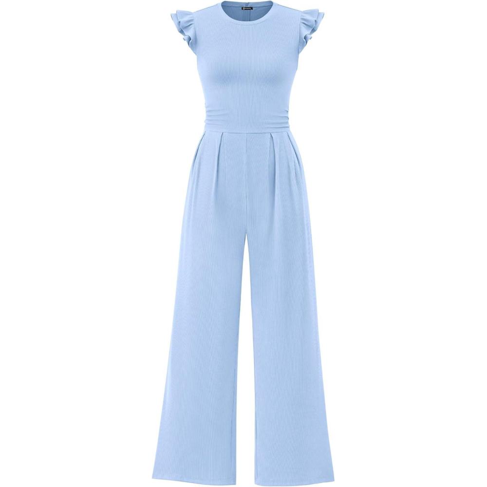 imagePRETTYGARDEN Summer Jumpsuits for Women Dressy 2026 Fashion Ruffle Cap Sleeve Romper Crew Neck Rib Knit One Piece OutfitsLight Blue