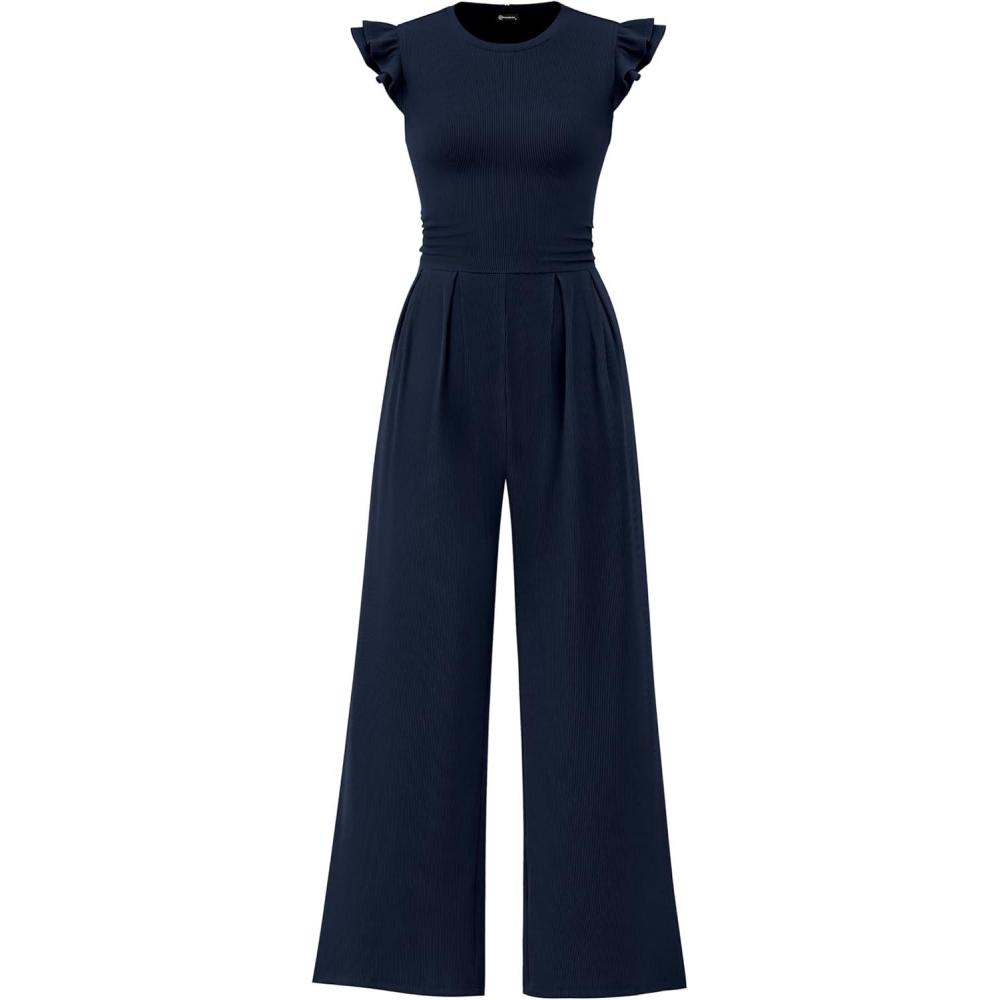 imagePRETTYGARDEN Summer Jumpsuits for Women Dressy 2026 Fashion Ruffle Cap Sleeve Romper Crew Neck Rib Knit One Piece OutfitsNavy