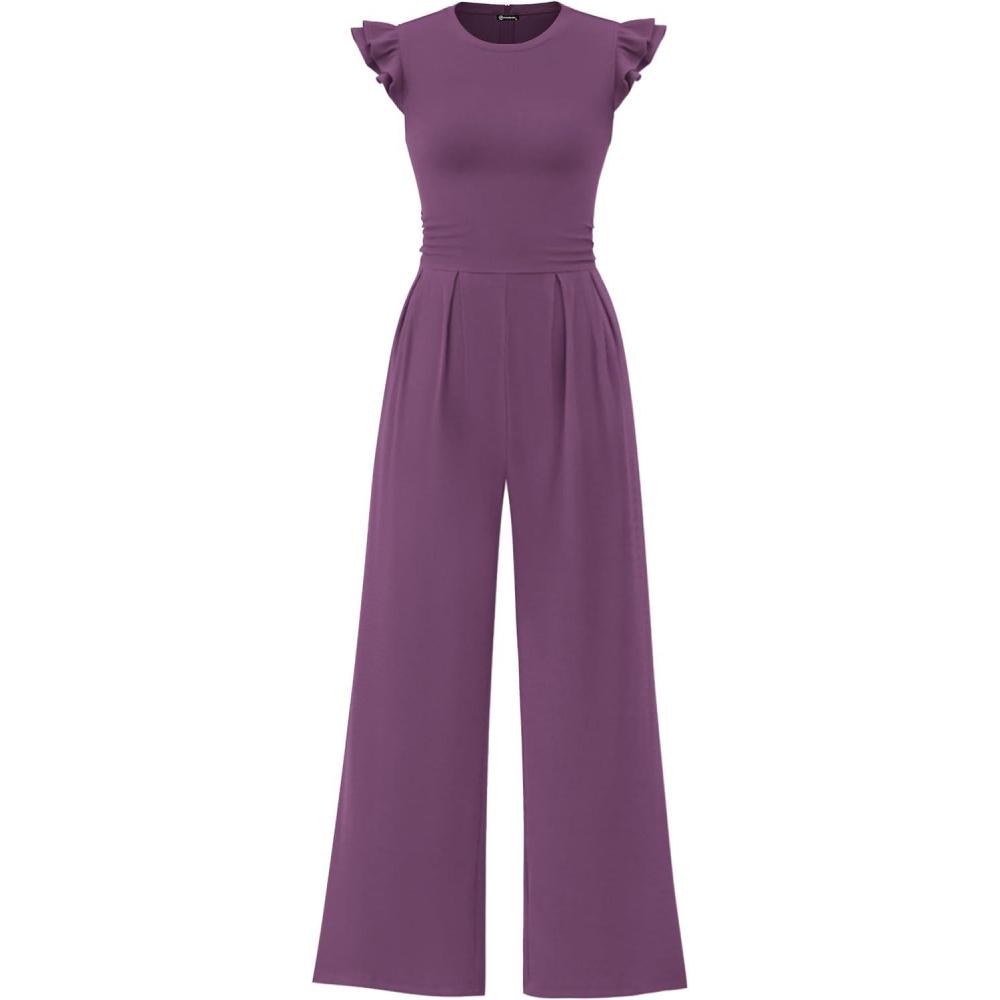 imagePRETTYGARDEN Summer Jumpsuits for Women Dressy 2026 Fashion Ruffle Cap Sleeve Romper Crew Neck Rib Knit One Piece OutfitsPurple Grey