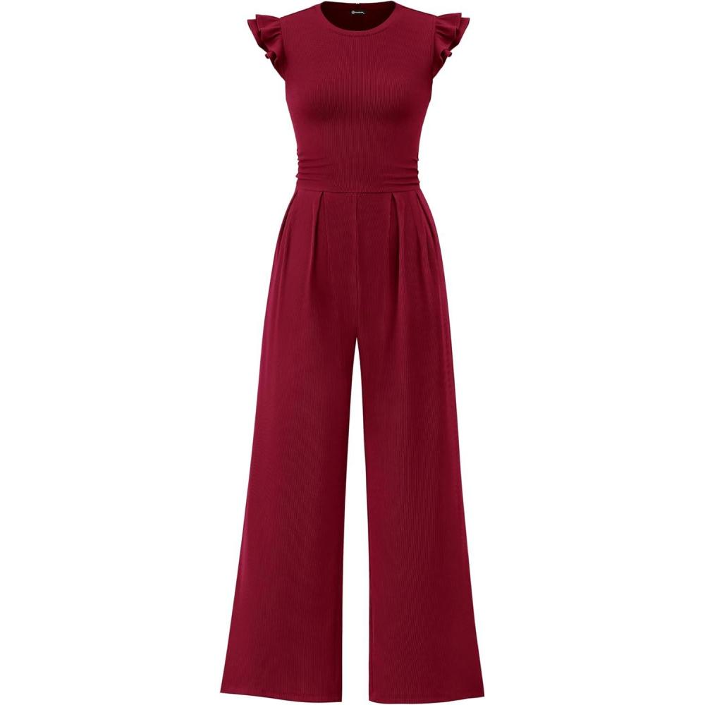 imagePRETTYGARDEN Summer Jumpsuits for Women Dressy 2026 Fashion Ruffle Cap Sleeve Romper Crew Neck Rib Knit One Piece OutfitsWine Red