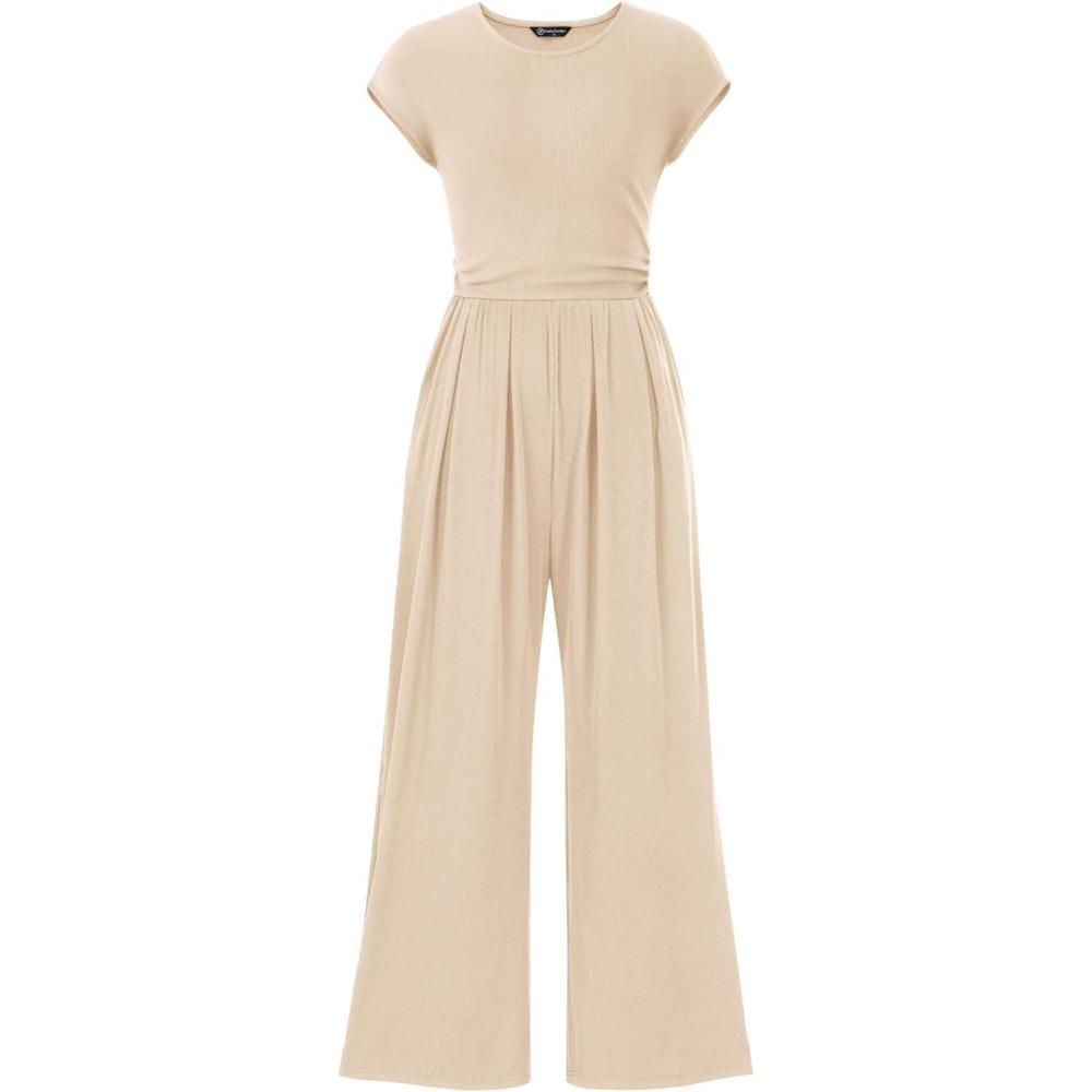 imagePRETTYGARDEN Summer Jumpsuits for Women Dressy 2026 Ribbed Cap Sleeve Wide Leg Pants Rompers Elegant Casual One Piece OutfitsApricot