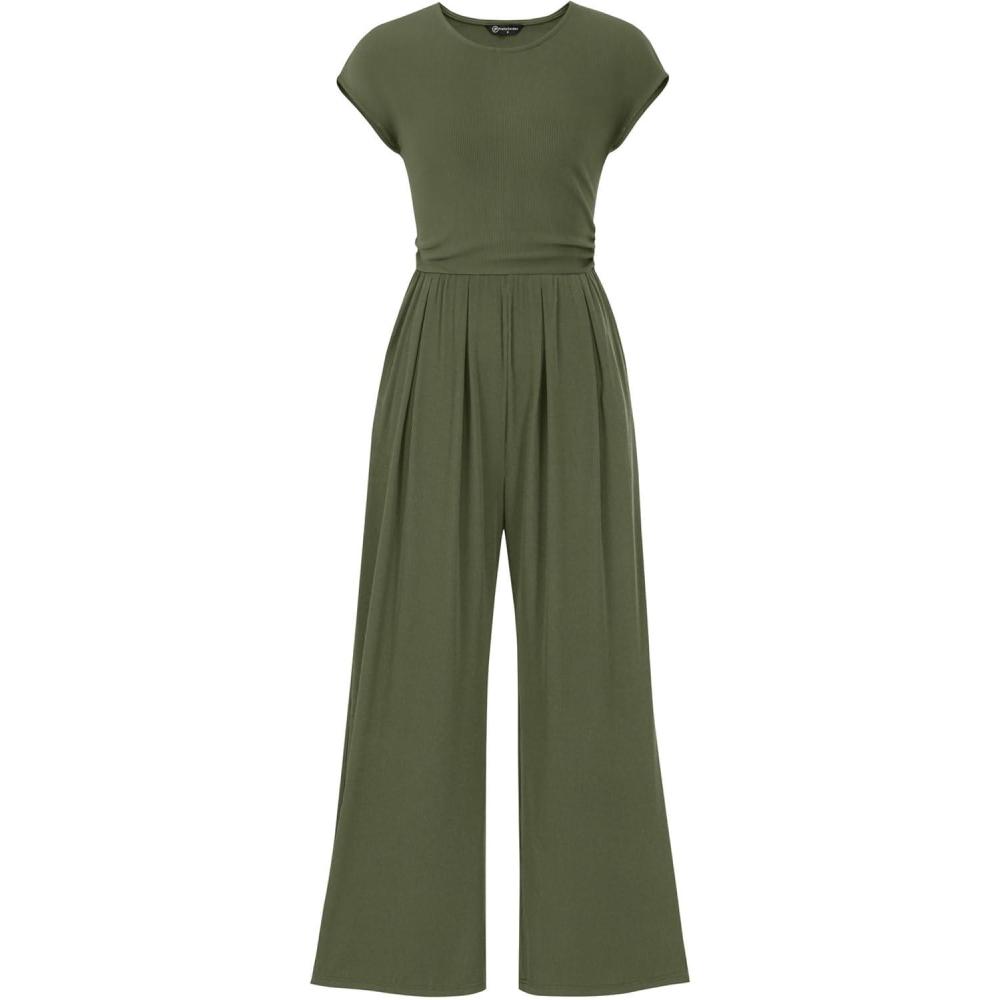 imagePRETTYGARDEN Summer Jumpsuits for Women Dressy 2026 Ribbed Cap Sleeve Wide Leg Pants Rompers Elegant Casual One Piece OutfitsArmy Green