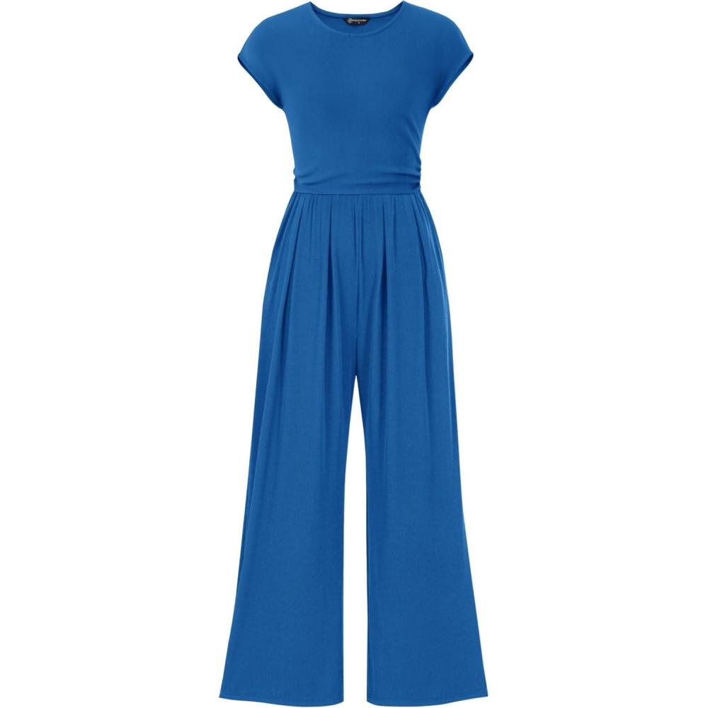 imagePRETTYGARDEN Summer Jumpsuits for Women Dressy 2026 Ribbed Cap Sleeve Wide Leg Pants Rompers Elegant Casual One Piece OutfitsBlue