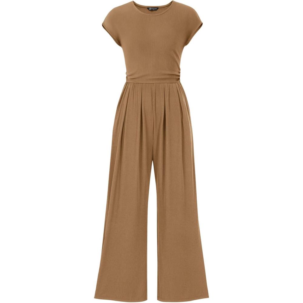 imagePRETTYGARDEN Summer Jumpsuits for Women Dressy 2026 Ribbed Cap Sleeve Wide Leg Pants Rompers Elegant Casual One Piece OutfitsCamel