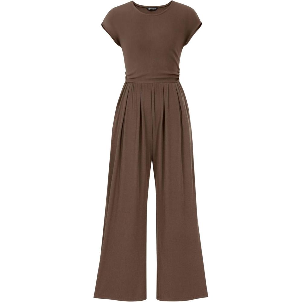 imagePRETTYGARDEN Summer Jumpsuits for Women Dressy 2026 Ribbed Cap Sleeve Wide Leg Pants Rompers Elegant Casual One Piece OutfitsCoffee