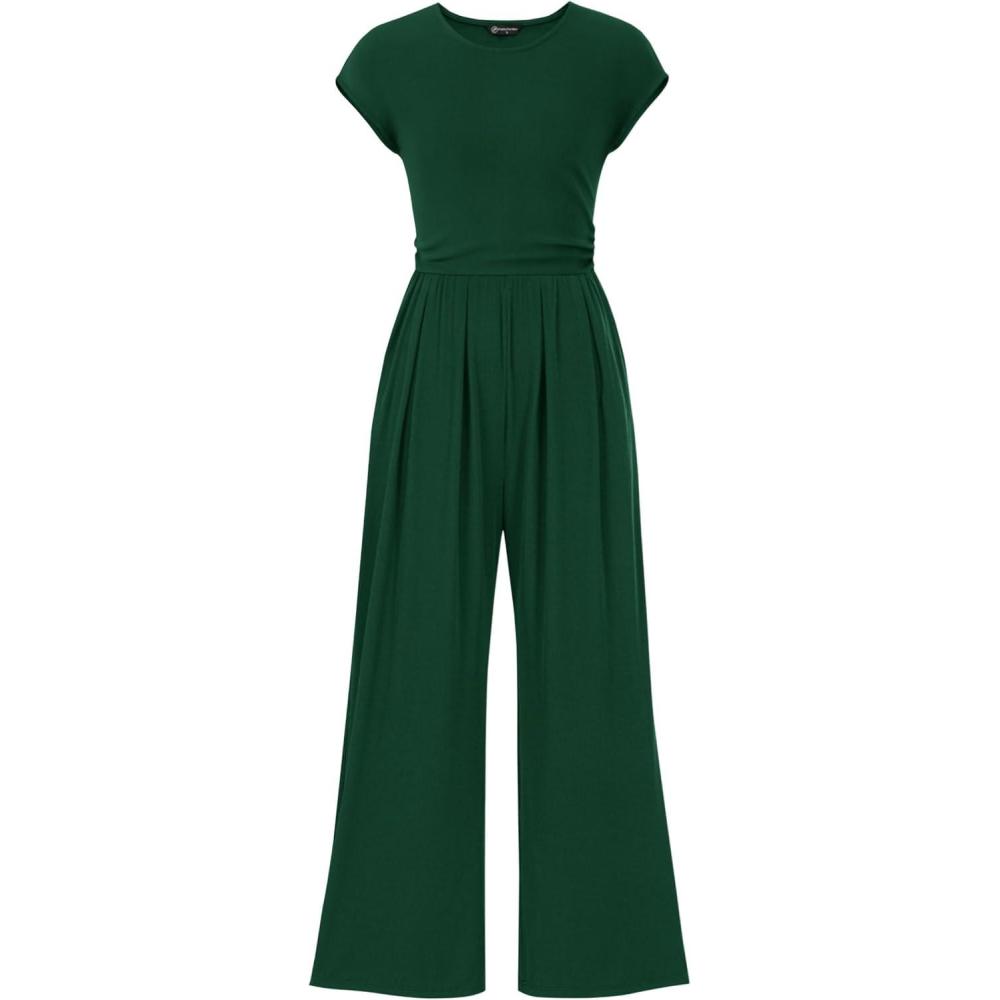 imagePRETTYGARDEN Summer Jumpsuits for Women Dressy 2026 Ribbed Cap Sleeve Wide Leg Pants Rompers Elegant Casual One Piece OutfitsDark Green