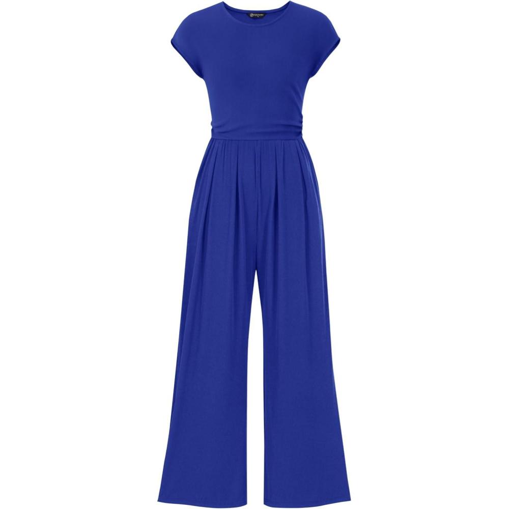 imagePRETTYGARDEN Summer Jumpsuits for Women Dressy 2026 Ribbed Cap Sleeve Wide Leg Pants Rompers Elegant Casual One Piece OutfitsDeep Blue