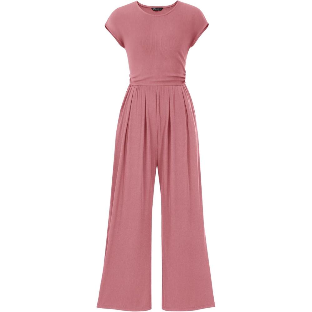 imagePRETTYGARDEN Summer Jumpsuits for Women Dressy 2026 Ribbed Cap Sleeve Wide Leg Pants Rompers Elegant Casual One Piece OutfitsDusty Pink