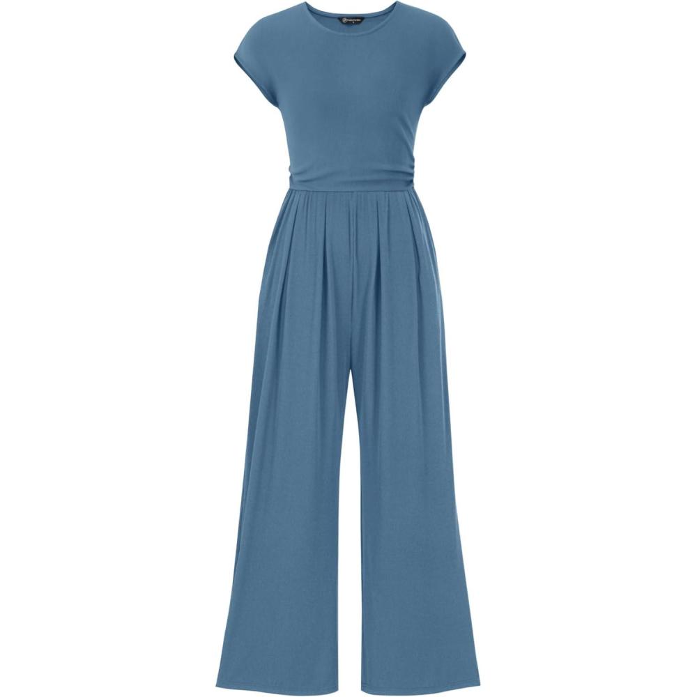 imagePRETTYGARDEN Summer Jumpsuits for Women Dressy 2026 Ribbed Cap Sleeve Wide Leg Pants Rompers Elegant Casual One Piece OutfitsGrey Blue