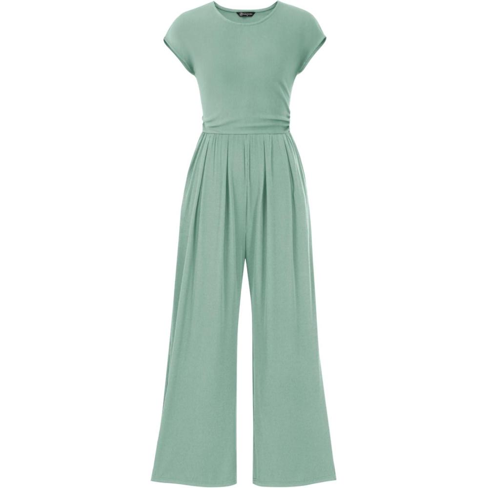 imagePRETTYGARDEN Summer Jumpsuits for Women Dressy 2026 Ribbed Cap Sleeve Wide Leg Pants Rompers Elegant Casual One Piece OutfitsGrey Green