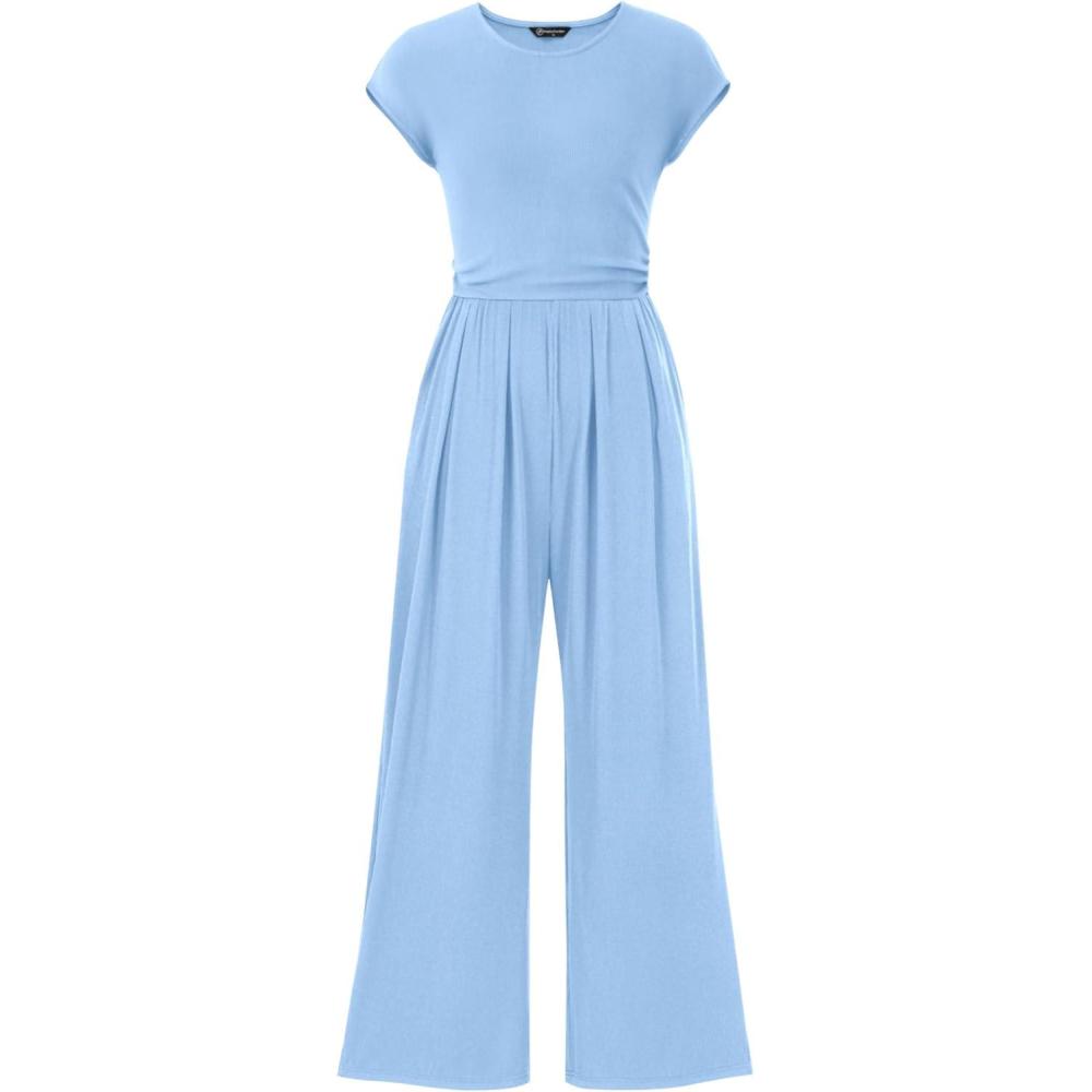 imagePRETTYGARDEN Summer Jumpsuits for Women Dressy 2026 Ribbed Cap Sleeve Wide Leg Pants Rompers Elegant Casual One Piece OutfitsLight Blue