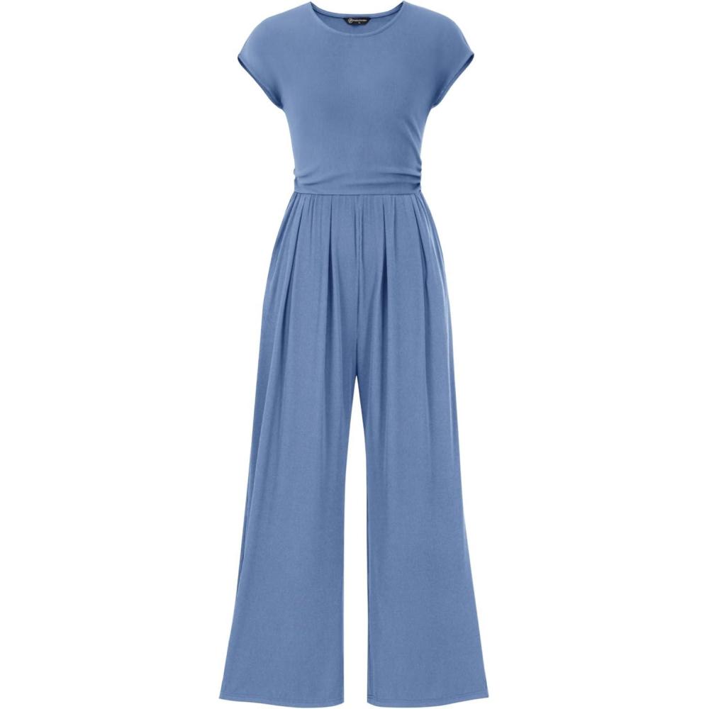 imagePRETTYGARDEN Summer Jumpsuits for Women Dressy 2026 Ribbed Cap Sleeve Wide Leg Pants Rompers Elegant Casual One Piece OutfitsLight Grey Blue