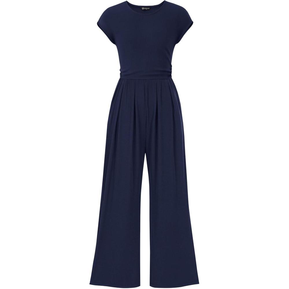 imagePRETTYGARDEN Summer Jumpsuits for Women Dressy 2026 Ribbed Cap Sleeve Wide Leg Pants Rompers Elegant Casual One Piece OutfitsNavy