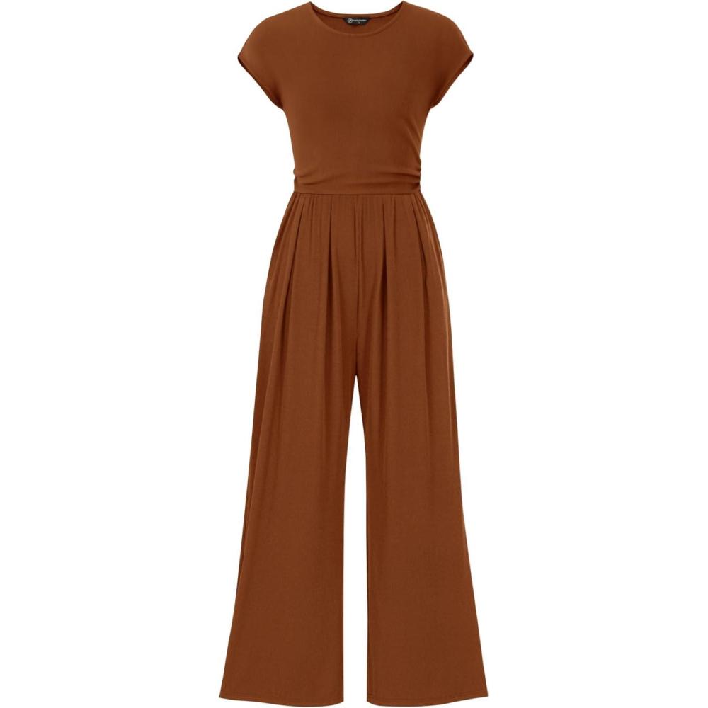 imagePRETTYGARDEN Summer Jumpsuits for Women Dressy 2026 Ribbed Cap Sleeve Wide Leg Pants Rompers Elegant Casual One Piece OutfitsRed Brown