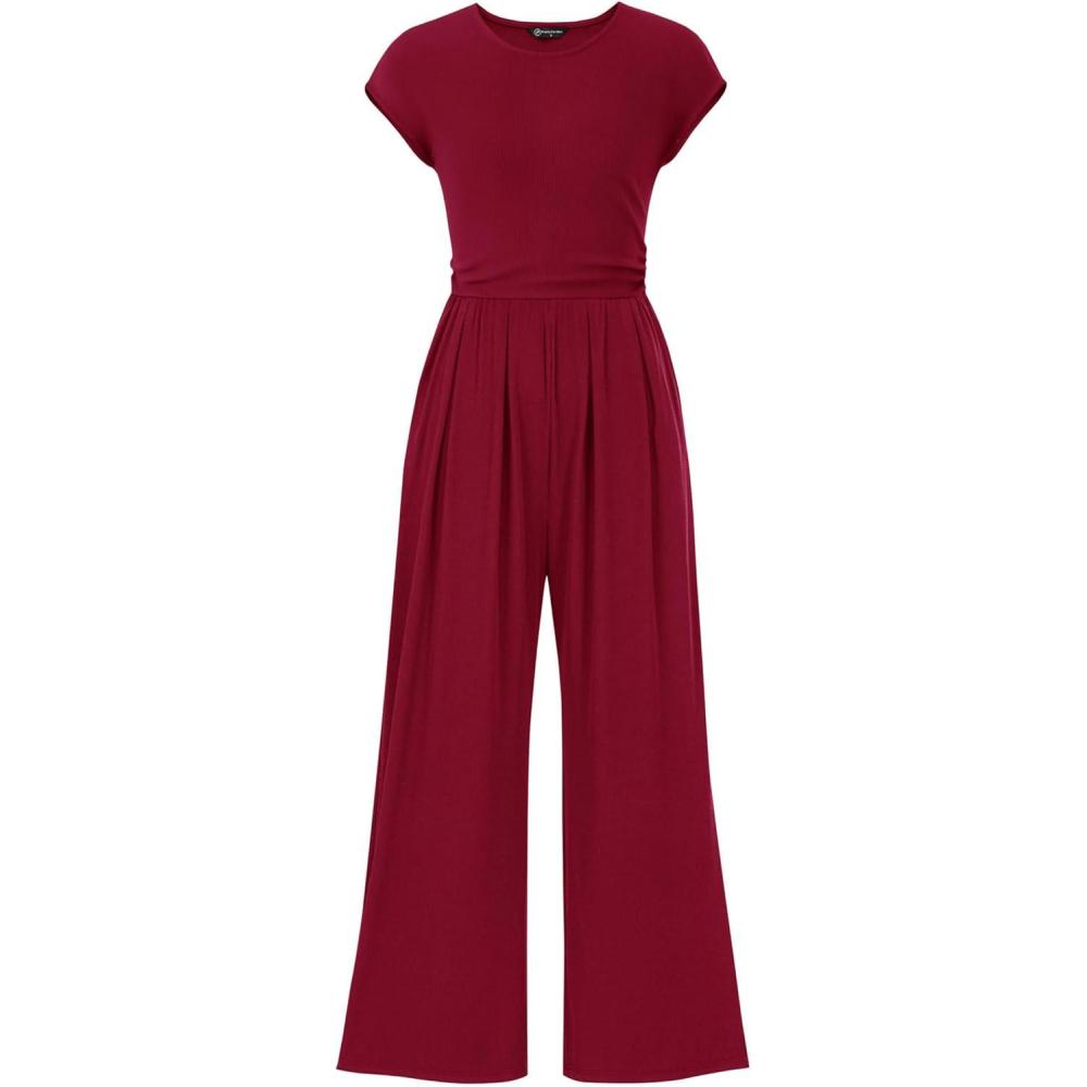 imagePRETTYGARDEN Summer Jumpsuits for Women Dressy 2026 Ribbed Cap Sleeve Wide Leg Pants Rompers Elegant Casual One Piece OutfitsWine Red