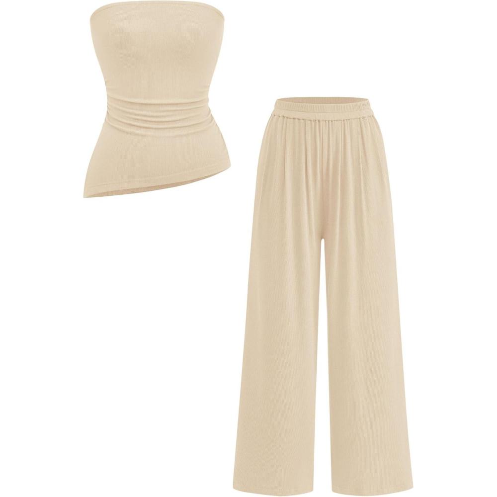imagePRETTYGARDEN Summer Sets Women 2 Piece Outfits Asymmetrical Tube Tops and Pants Beach Vacation Airport Matching Lounge SetBeige