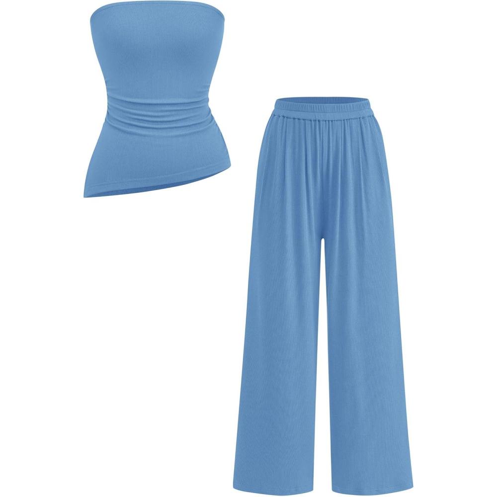 imagePRETTYGARDEN Summer Sets Women 2 Piece Outfits Asymmetrical Tube Tops and Pants Beach Vacation Airport Matching Lounge SetBlue