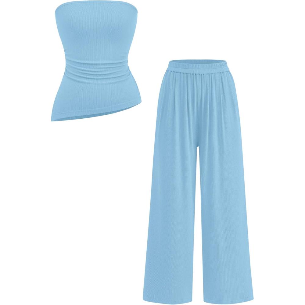 imagePRETTYGARDEN Summer Sets Women 2 Piece Outfits Asymmetrical Tube Tops and Pants Beach Vacation Airport Matching Lounge SetLight Blue