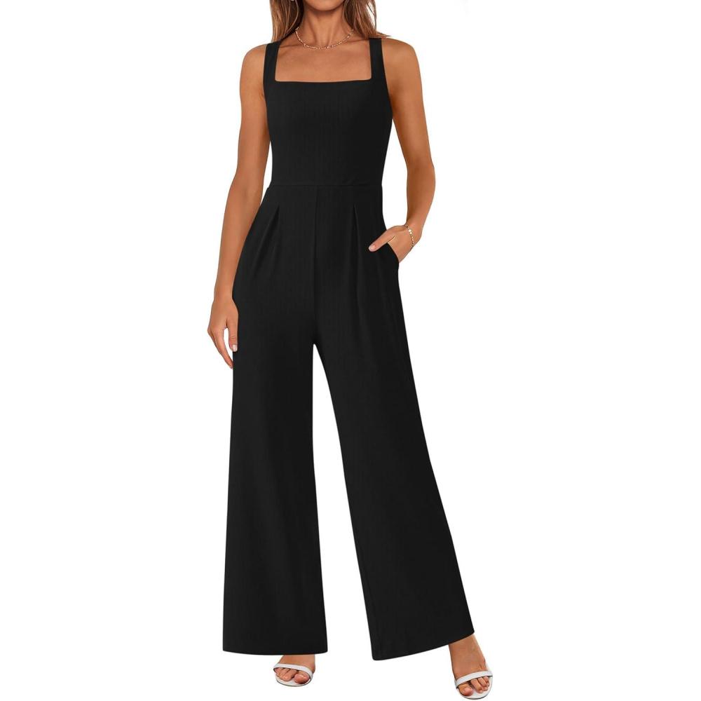 imagePRETTYGARDEN Summer Sleeveless Jumpsuits for Women Dressy Square Neck Wide Leg Pants Knit One Piece Rompers Fashion ClothingBlack