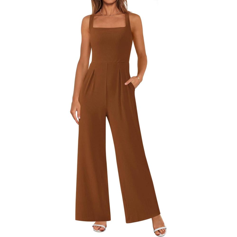imagePRETTYGARDEN Summer Sleeveless Jumpsuits for Women Dressy Square Neck Wide Leg Pants Knit One Piece Rompers Fashion ClothingBrown