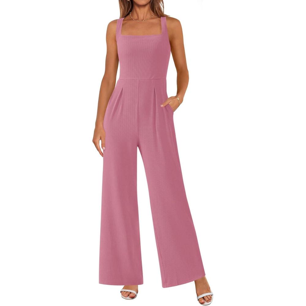 imagePRETTYGARDEN Summer Sleeveless Jumpsuits for Women Dressy Square Neck Wide Leg Pants Knit One Piece Rompers Fashion ClothingPink