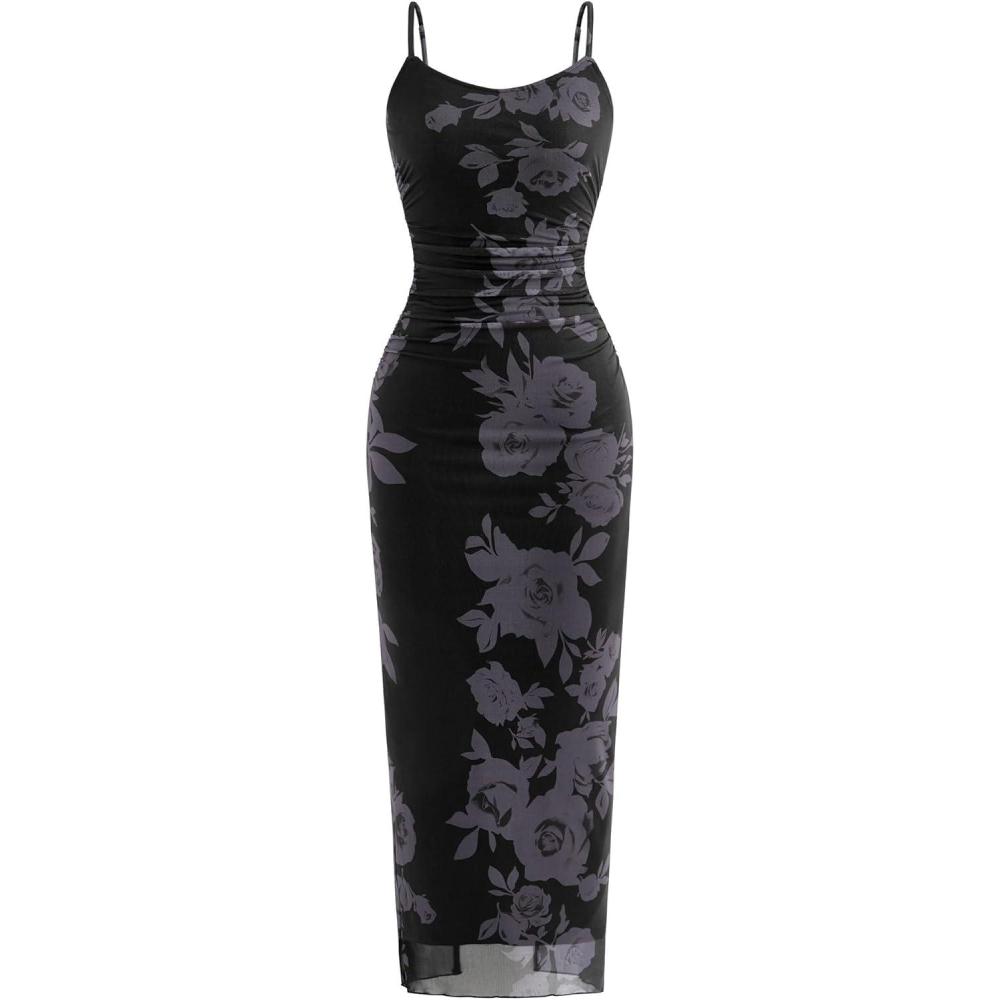 imagePRETTYGARDEN Summer Wedding Guest Dresses for Women 2026 Spaghetti Strap Mesh Bodycon Beach Vacation Floral Maxi Long DressesFloral Black
