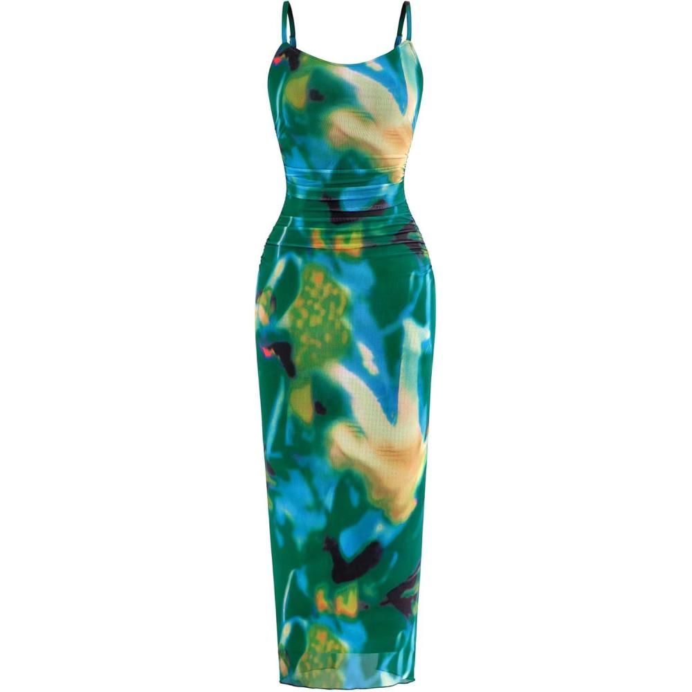imagePRETTYGARDEN Summer Wedding Guest Dresses for Women 2026 Spaghetti Strap Mesh Bodycon Beach Vacation Floral Maxi Long DressesFloral Green