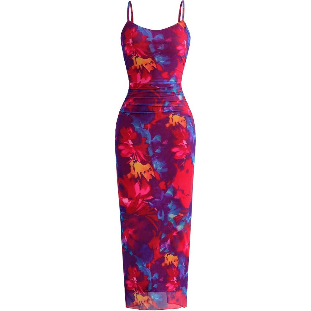 imagePRETTYGARDEN Summer Wedding Guest Dresses for Women 2026 Spaghetti Strap Mesh Bodycon Beach Vacation Floral Maxi Long DressesFloral Navy Red