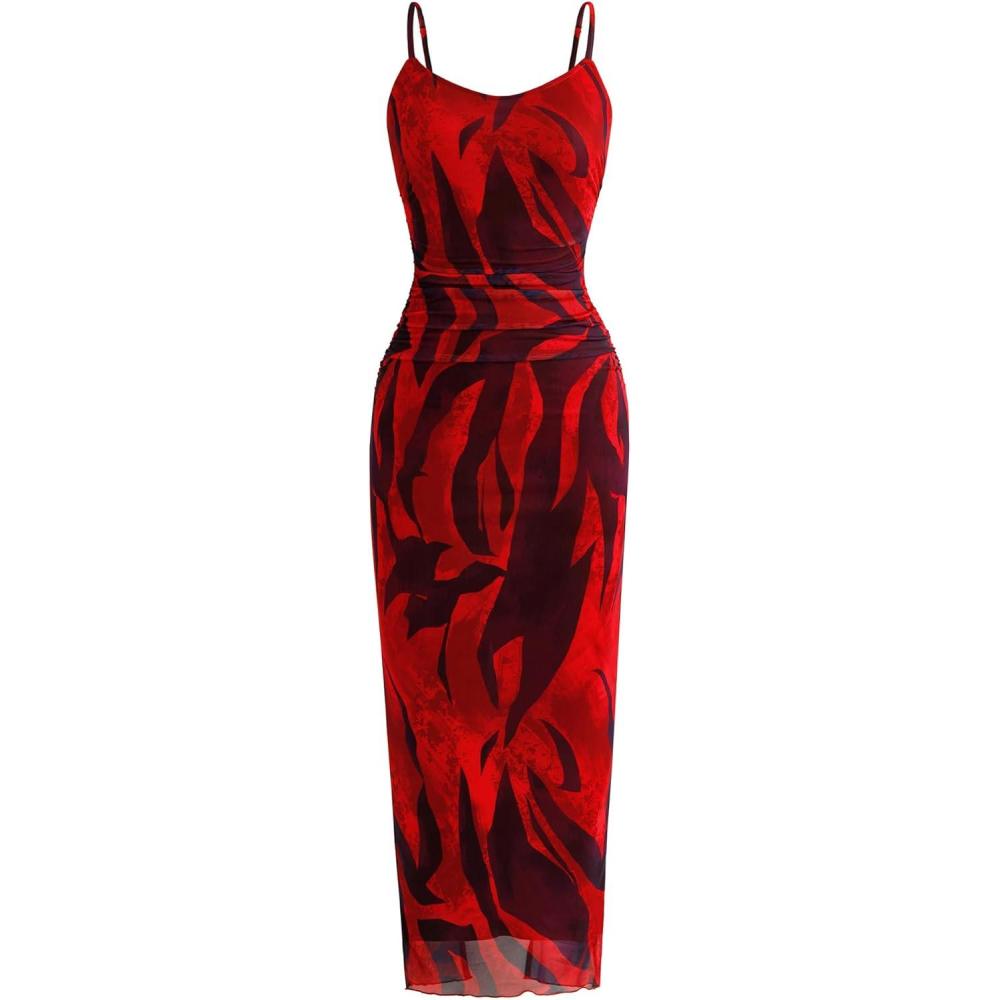 imagePRETTYGARDEN Summer Wedding Guest Dresses for Women 2026 Spaghetti Strap Mesh Bodycon Beach Vacation Floral Maxi Long DressesFloral Red